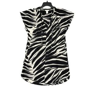 HM Zebra Print V Neck Tie Neck Cap Sleeve Cotton Tunic Blouse XS Womens